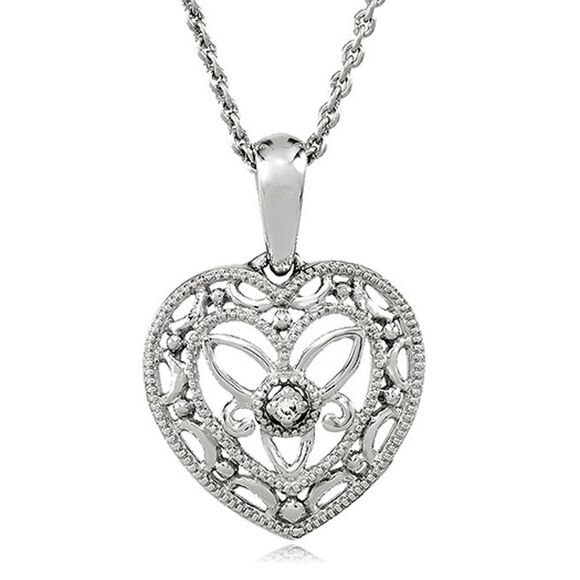 Vintage Style Diamond Heart Necklace in Sterling Silver